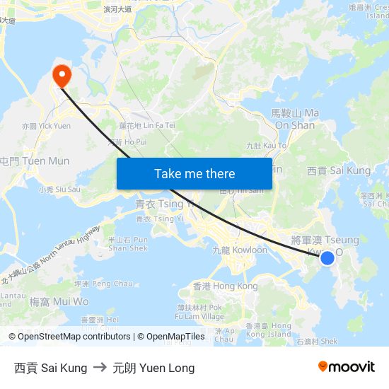 西貢 Sai Kung to 元朗 Yuen Long map