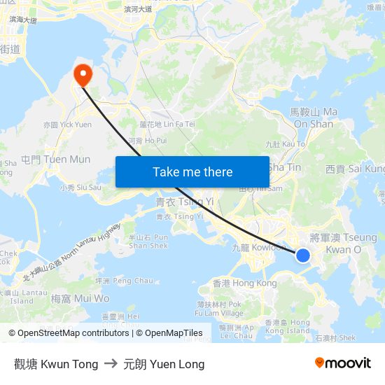 觀塘 Kwun Tong to 元朗 Yuen Long map