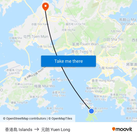 香港島 Islands to 元朗 Yuen Long map