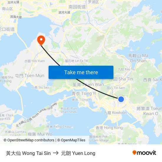 黃大仙 Wong Tai Sin to 元朗 Yuen Long map