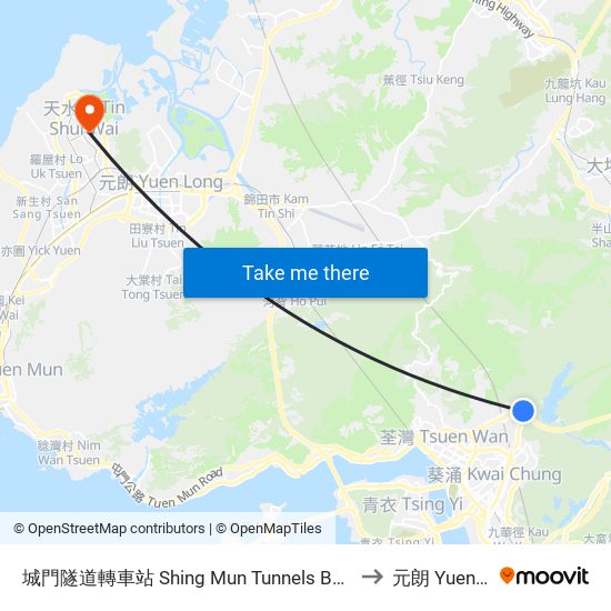 城門隧道轉車站 Shing Mun Tunnels Bus Interchange to 元朗 Yuen Long map