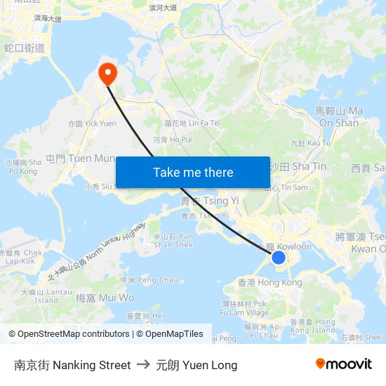 南京街 Nanking Street to 元朗 Yuen Long map