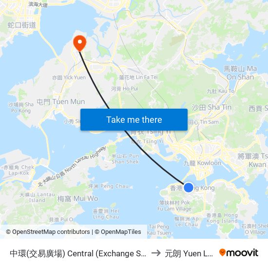 中環(交易廣場) Central (Exchange Square) to 元朗 Yuen Long map