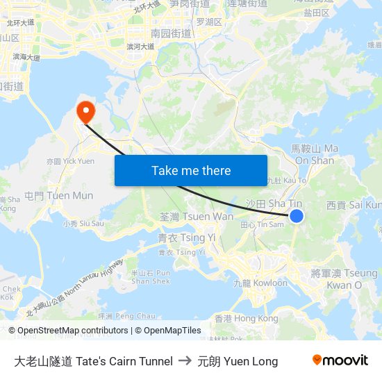 大老山隧道 Tate's Cairn Tunnel to 元朗 Yuen Long map