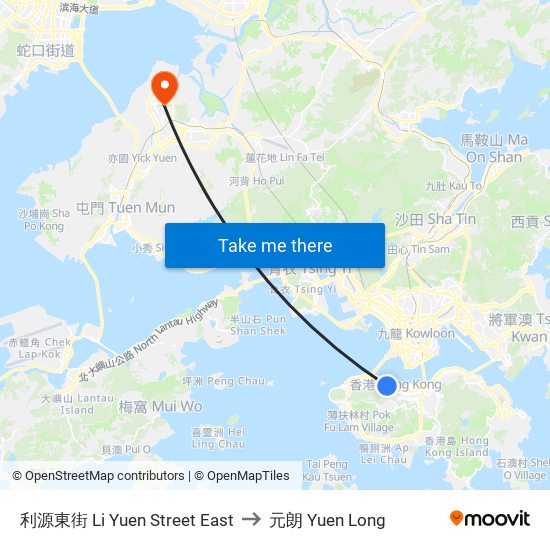 利源東街 Li Yuen Street East to 元朗 Yuen Long map