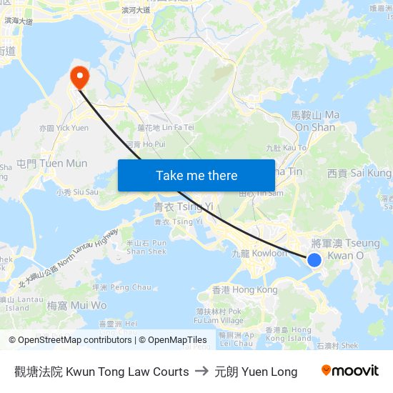 觀塘法院 Kwun Tong Law Courts to 元朗 Yuen Long map