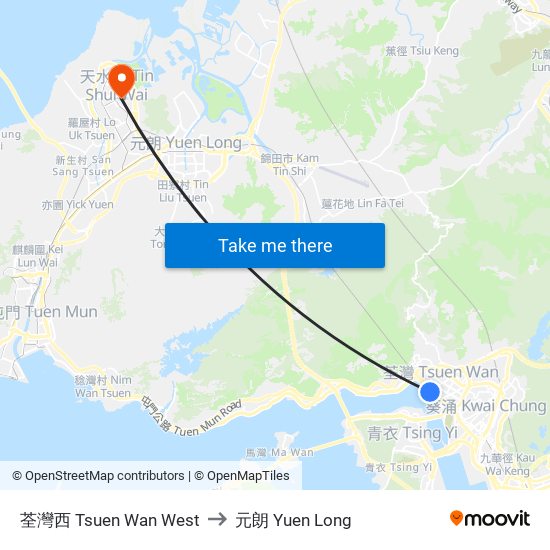 荃灣西 Tsuen Wan West to 元朗 Yuen Long map