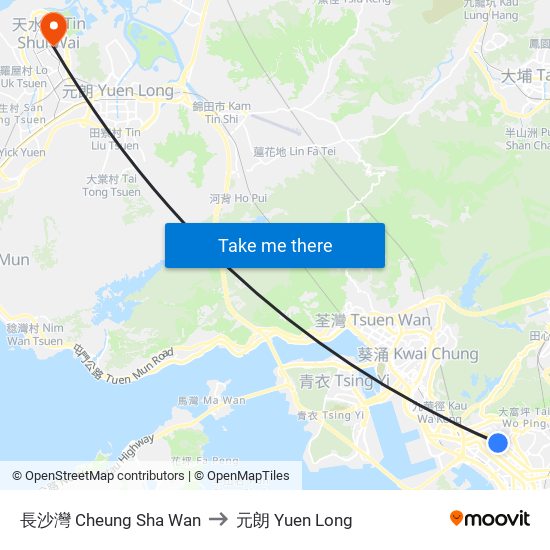 長沙灣 Cheung Sha Wan to 元朗 Yuen Long map