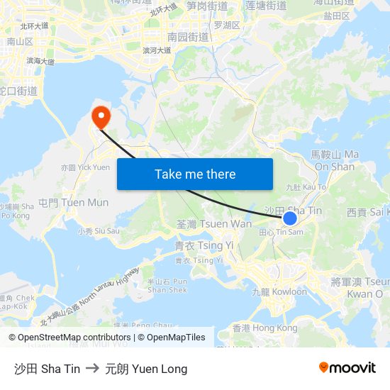 沙田 Sha Tin to 元朗 Yuen Long map