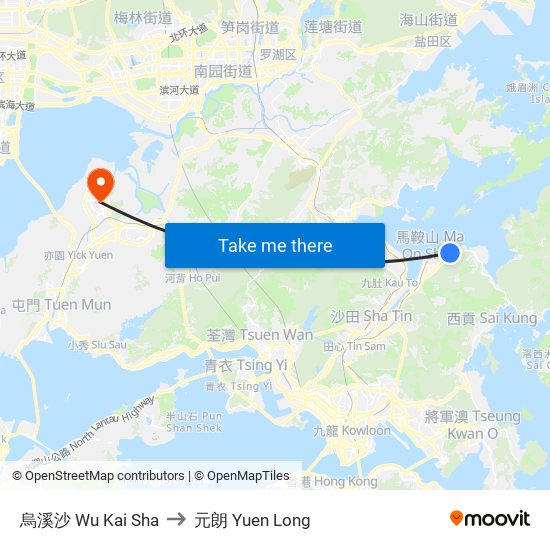 烏溪沙 Wu Kai Sha to 元朗 Yuen Long map