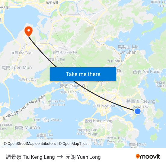 調景嶺 Tiu Keng Leng to 元朗 Yuen Long map