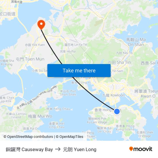 銅鑼灣 Causeway Bay to 元朗 Yuen Long map