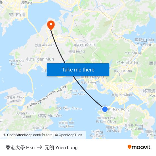 香港大學 Hku to 元朗 Yuen Long map