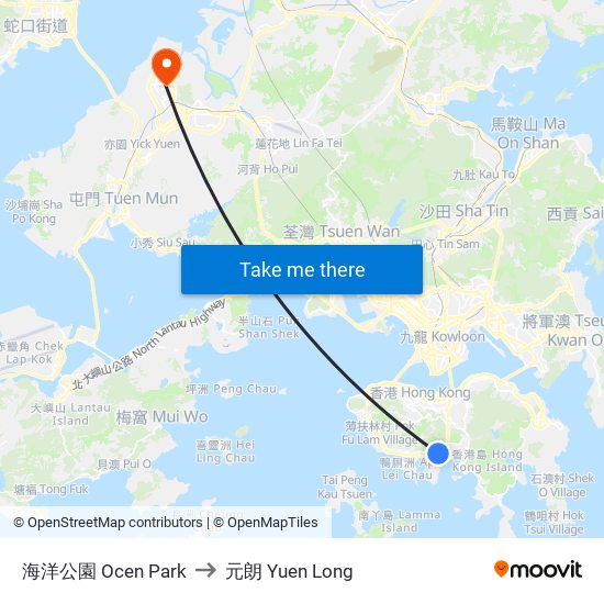 海洋公園 Ocen Park to 元朗 Yuen Long map