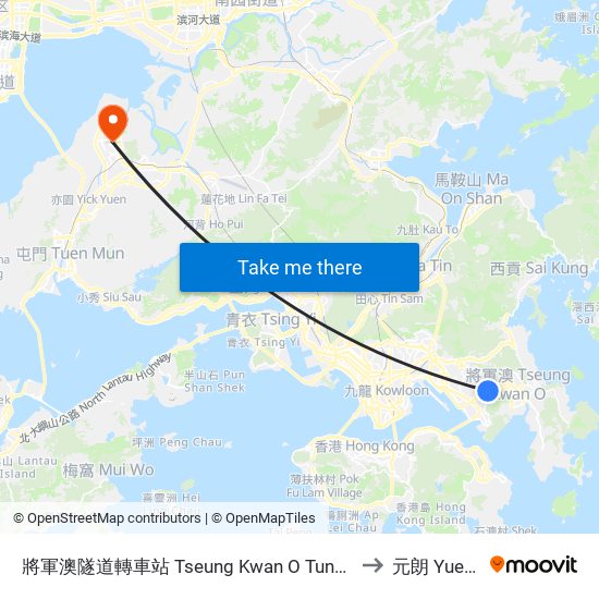 將軍澳隧道轉車站 Tseung Kwan O Tunnel Bus Interchange to 元朗 Yuen Long map