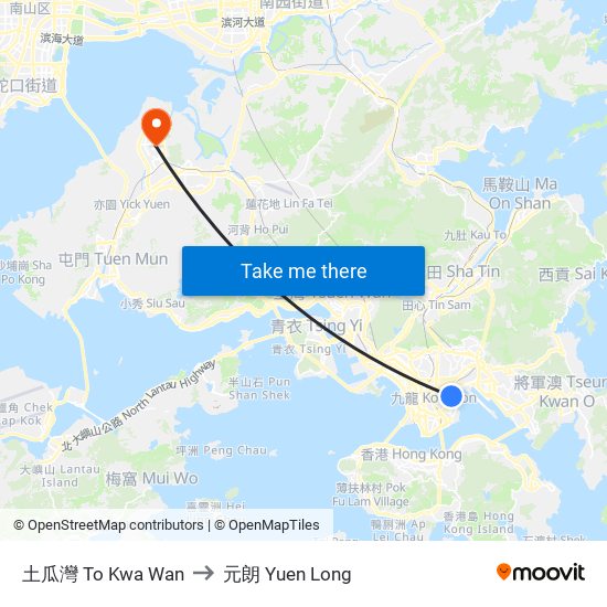 土瓜灣 To Kwa Wan to 元朗 Yuen Long map