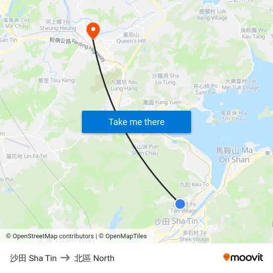 沙田 Sha Tin to 北區 North map