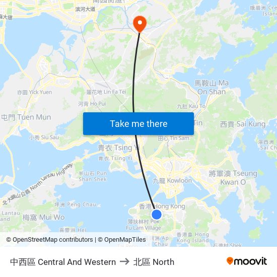 中西區 Central And Western to 北區 North map