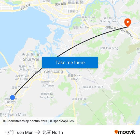 屯門 Tuen Mun to 北區 North map