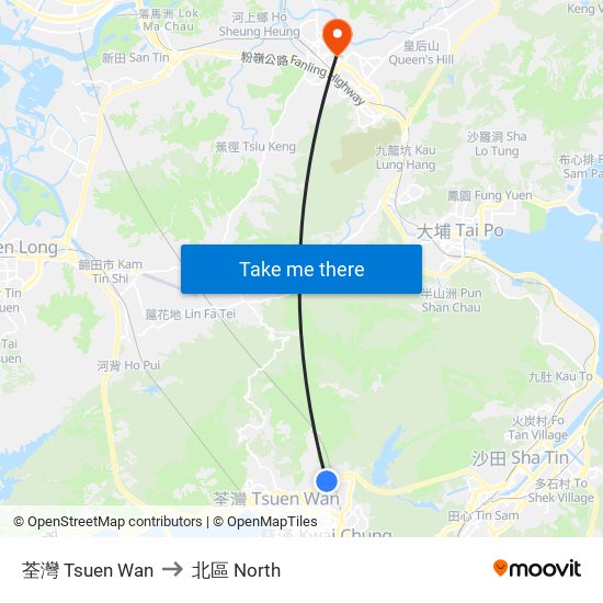 荃灣 Tsuen Wan to 北區 North map