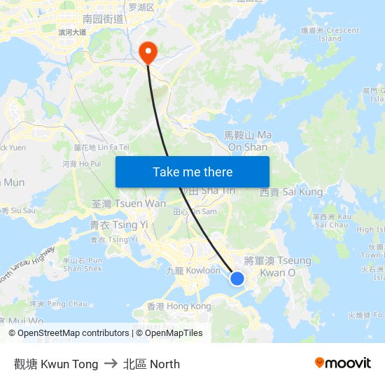 觀塘 Kwun Tong to 北區 North map