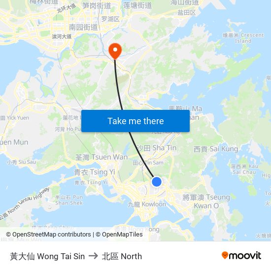 黃大仙 Wong Tai Sin to 北區 North map