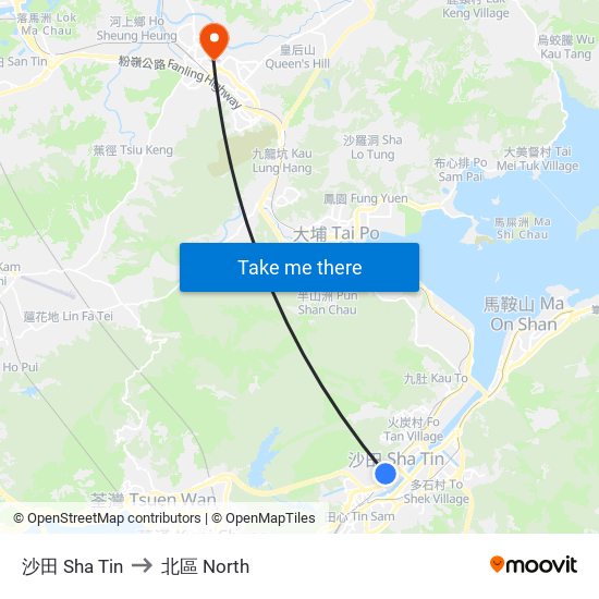 沙田 Sha Tin to 北區 North map