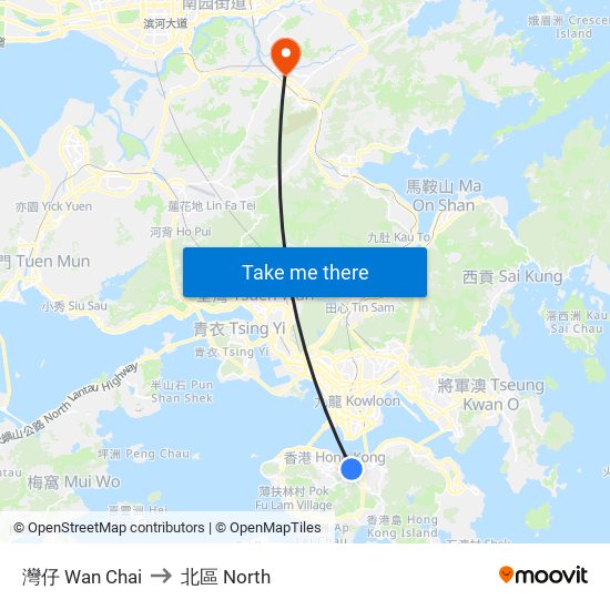 灣仔 Wan Chai to 北區 North map