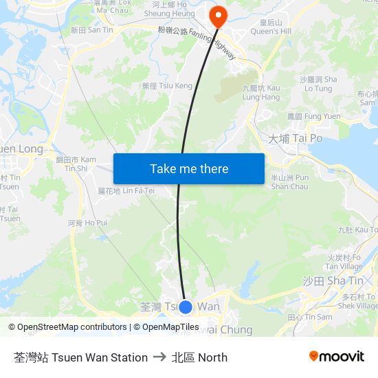 荃灣站 Tsuen Wan Station to 北區 North map