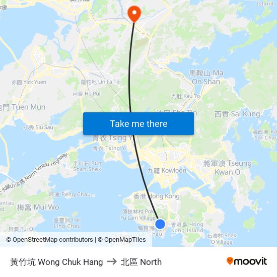 黃竹坑 Wong Chuk Hang to 北區 North map