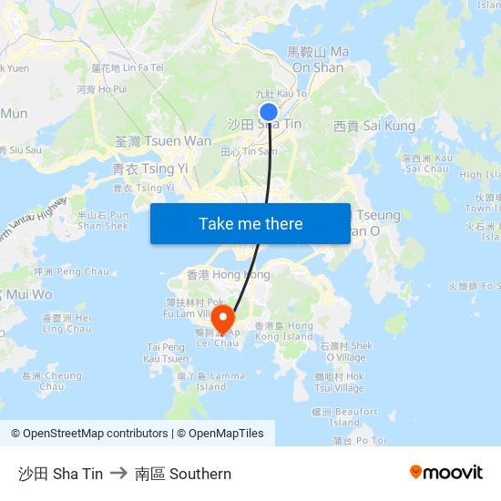 沙田 Sha Tin to 南區 Southern map