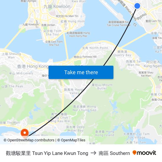 觀塘駿業里 Tsun Yip Lane Kwun Tong to 南區 Southern map