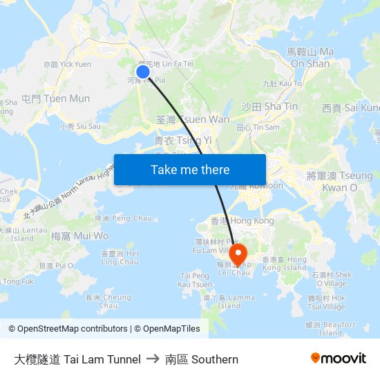 大欖隧道 Tai Lam Tunnel to 南區 Southern map