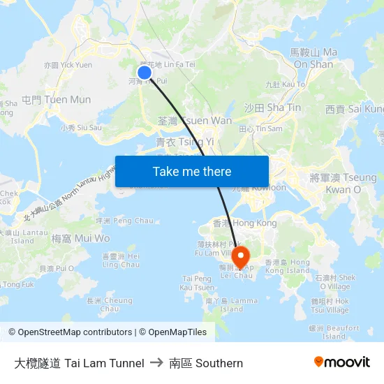 大欖隧道 Tai Lam Tunnel to 南區 Southern map