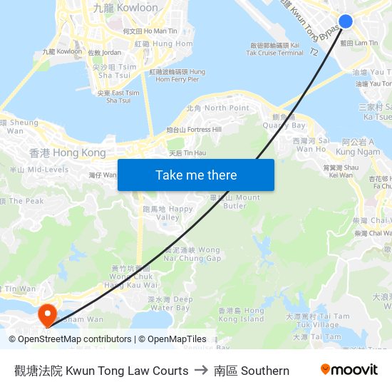 觀塘法院 Kwun Tong Law Courts to 南區 Southern map