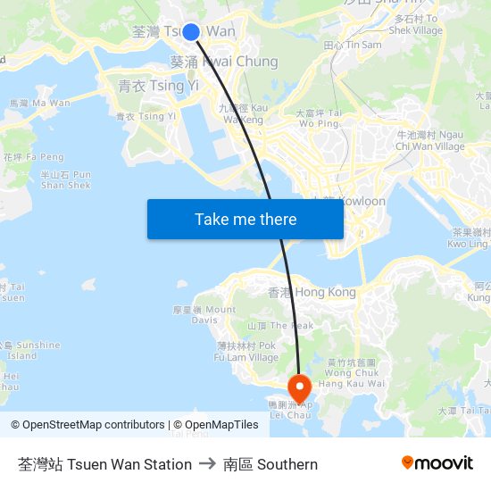 荃灣站 Tsuen Wan Station to 南區 Southern map