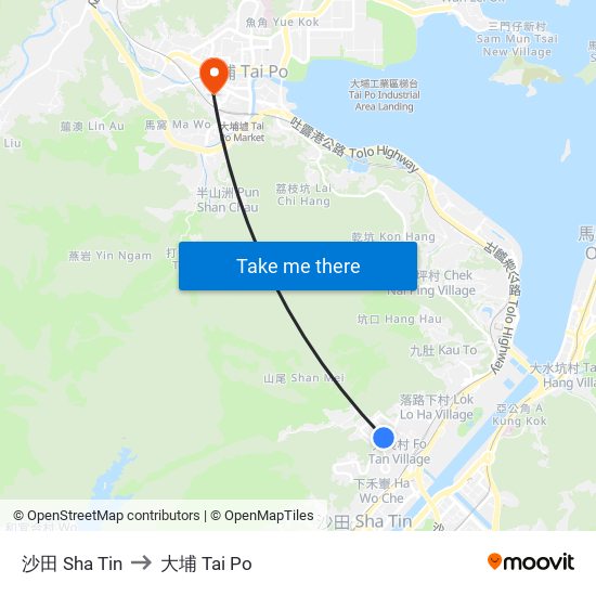 沙田 Sha Tin to 大埔 Tai Po map