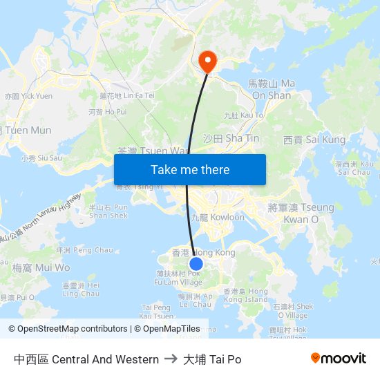 中西區 Central And Western to 大埔 Tai Po map