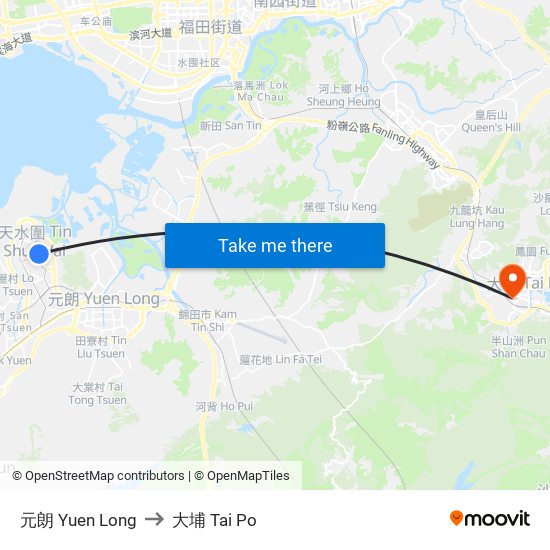 元朗 Yuen Long to 大埔 Tai Po map