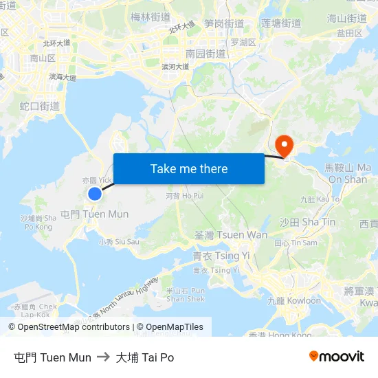 屯門 Tuen Mun to 大埔 Tai Po map