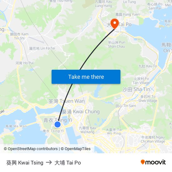 葵興 Kwai Tsing to 大埔 Tai Po map