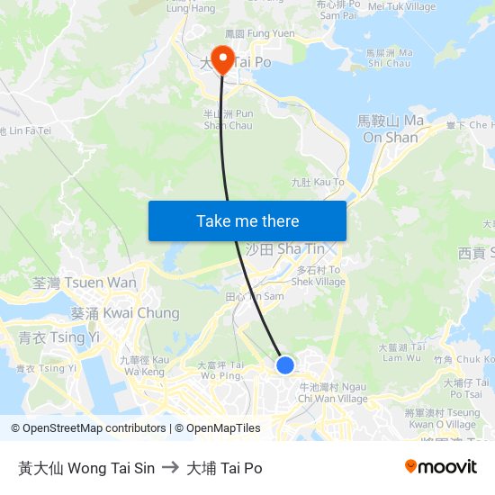 黃大仙 Wong Tai Sin to 大埔 Tai Po map