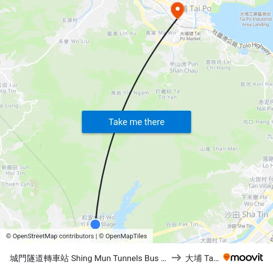 城門隧道轉車站 Shing Mun Tunnels Bus Interchange to 大埔 Tai Po map