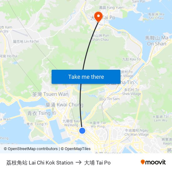 荔枝角站 Lai Chi Kok Station to 大埔 Tai Po map