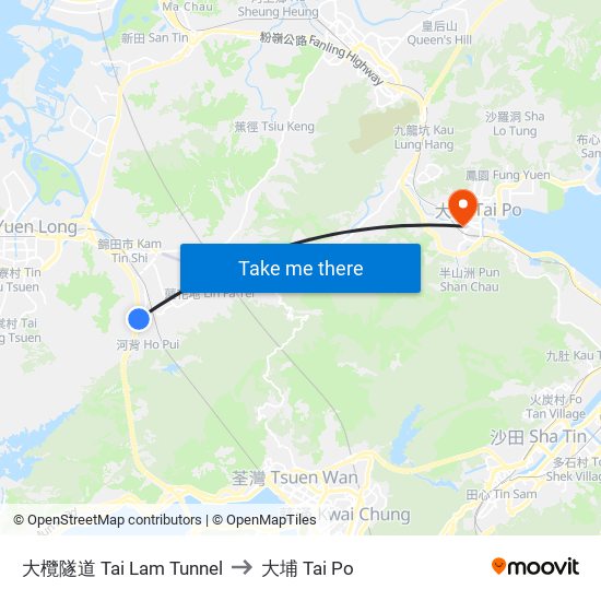 大欖隧道 Tai Lam Tunnel to 大埔 Tai Po map