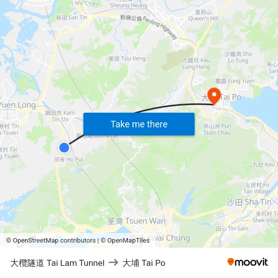 大欖隧道 Tai Lam Tunnel to 大埔 Tai Po map