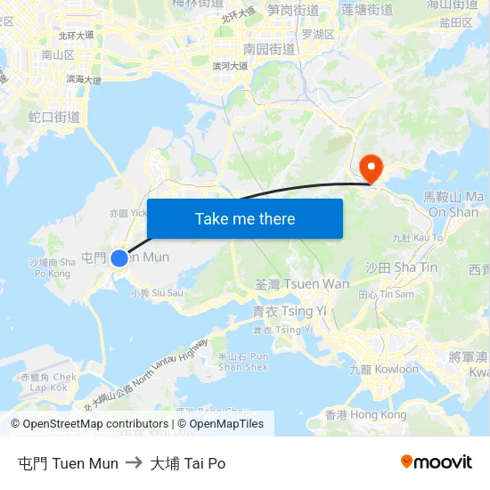 屯門 Tuen Mun to 大埔 Tai Po map