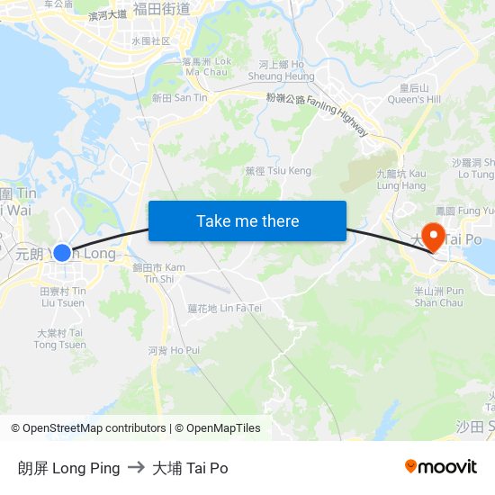 朗屏 Long Ping to 大埔 Tai Po map