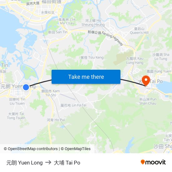 元朗 Yuen Long to 大埔 Tai Po map