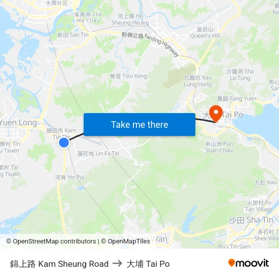 錦上路 Kam Sheung Road to 大埔 Tai Po map